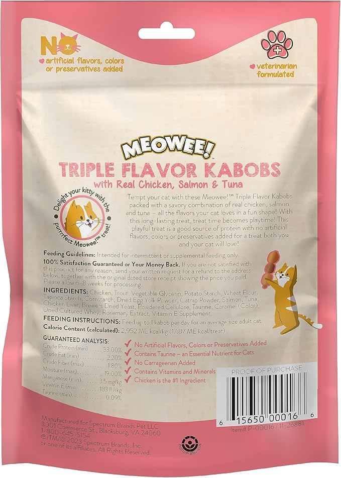 MEOWEE! Triple Flavor Kabobs Cat Treat, 1 Ounce Bag, Long-Lasting Playtime Treat for Cats Made with Real Chicken, Salmon & Tuna