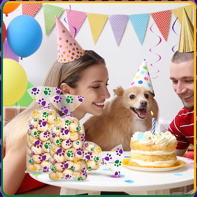 Blulu 100 Pieces Dog Treat Bags Puppy Party Favor Pet Paw Cone Cellophane Bags Candy Heat SealableDog Paw Gift with 100 Pieces Silver Twist Ties for Pet Cat Treat Party Favor(Carnival Colors)
