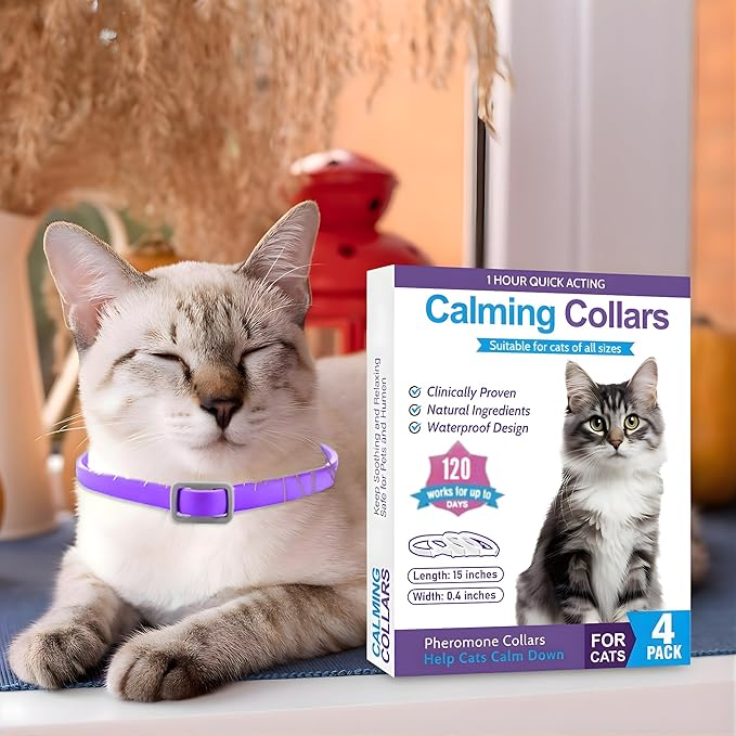 4-Pack Cat Calming Collar - 120 Days of Continuous Calm - Pheromone Anxiety Relief for Cats & Kittens - Reduces Scratching, Meowing & Urine Marking - Adjustable & Safe Waterproof Breakaway Design
