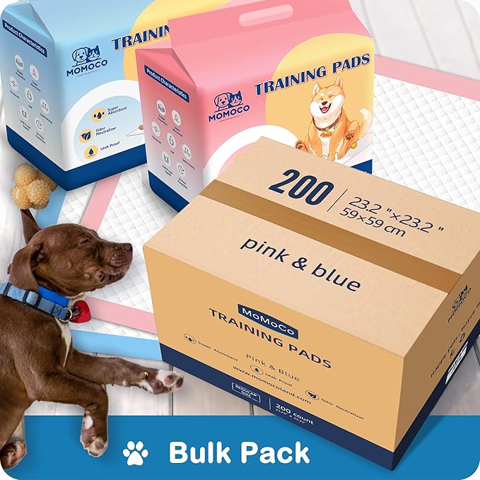 MoMoCo Puppy Pads 23″×23″ Disposable Dog Pee Pads Super Absorbent, Leak-Proof Puppy Training Potty Pads, 200-Count Value Pack (100 Blue + 100 Pink)