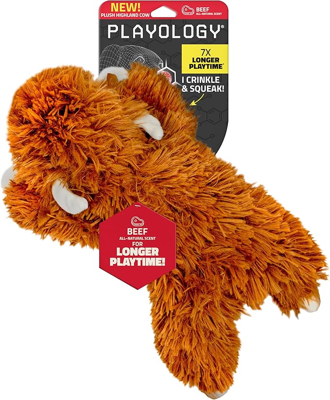 Playology Dog Toys | Plush Toy Highland Cow Stuffed Animal for Dogs | Jumbo Beef Scented Toy - Easy to Clean and Made from Non Toxic Materials