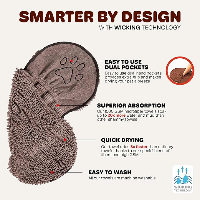 Dog Gone Smart The Dirty Dog Shammy - 2-Pack, Antimicrobial Microfiber Dog Towel for Odor Control, Fast-Drying Plush, Dual Hand Pockets & Super Absorbent, Machine Washable - 31×13 in, Grey