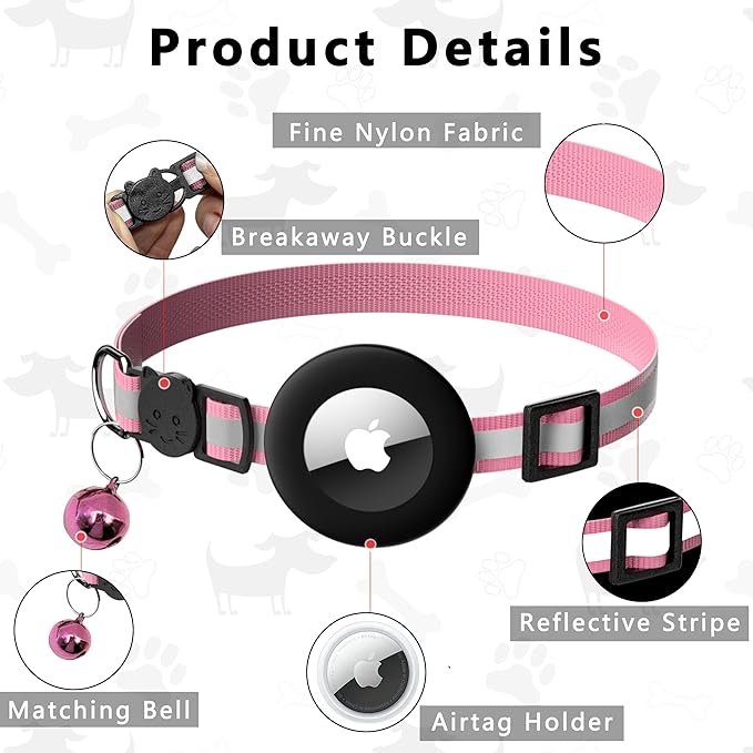 Cat Collar with Air Tag Holder, Reflective Kitten Collar with Bell, Breakaway Airtag Cat Collar for Boys Girls Cats, GPS Tracker for Cats 0.4’’ Width Adjustable Safe Kitty Collar, Pink