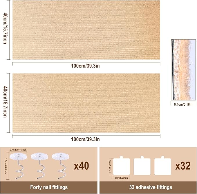 2 Pcs 39.4"X15.8" Cat Scratch Mat for Furniture and Wall Protectors, Trimmable Self-Adhesive Cat Scratch Pads, DIY Cat Scratcher for Covering Cat Tower and Couch Protector (Khaki)