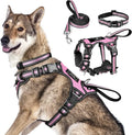 WINSEE Pet Harness Collar and Leash Set, All-in-one Reflective Dog Harness No Pull with Adjustable Buckles for Puppies, Small, Medium, Large, and Extra-Large Dogs (X-Large, Pink)