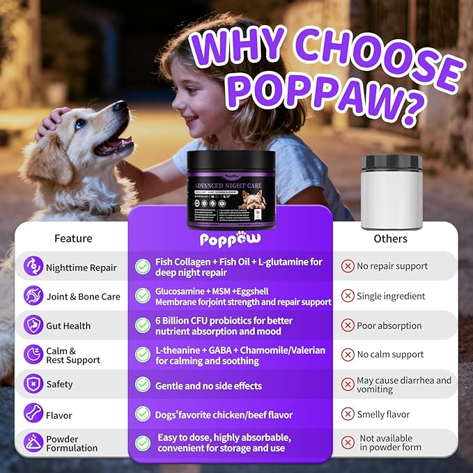 Dog Vitamins and Supplements for Nighttime Repair, Calming, Joint, Gut, Dog Multivitamin Powder for Homemade Food with Collagen, Glucosamine, GABA, Probiotics - Beef Flavor, 75 Scoops