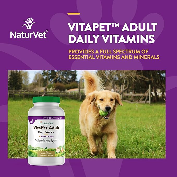 NaturVet VitaPet Adult Daily Vitamins for Dogs with Breath Aid – Includes Full Spectrum of Vitamins, Minerals, Omega-6 Fatty Acids, Parsley – Designed for Dogs Over 1 Year – 180 Ct.