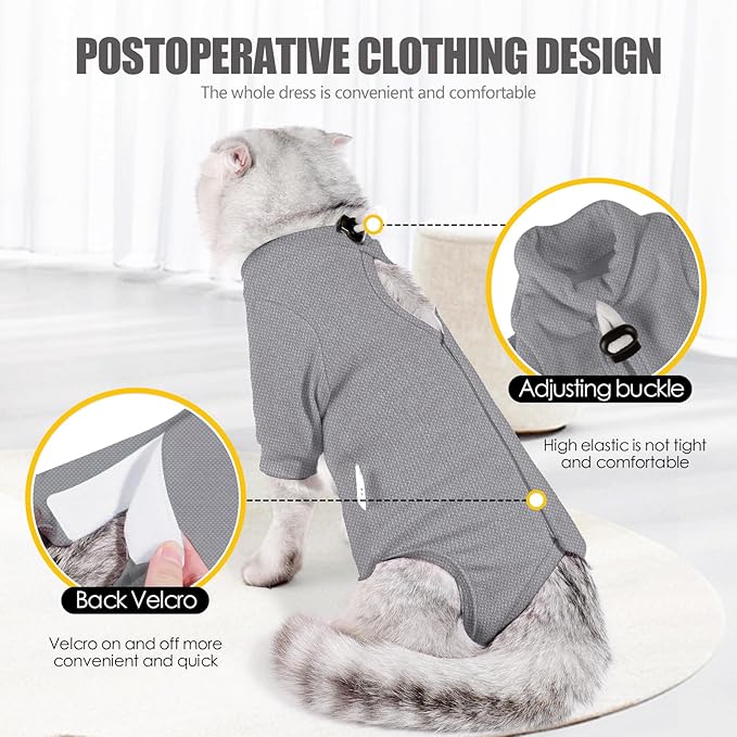 Cat Surgery Recovery Suit - E-Collar Alternative Anti-Licking Spay/Neuter Bodysuit, Soft Pet Surgical Pajamas for Cats, Abdominal Wound Onesie (Grey, Large)