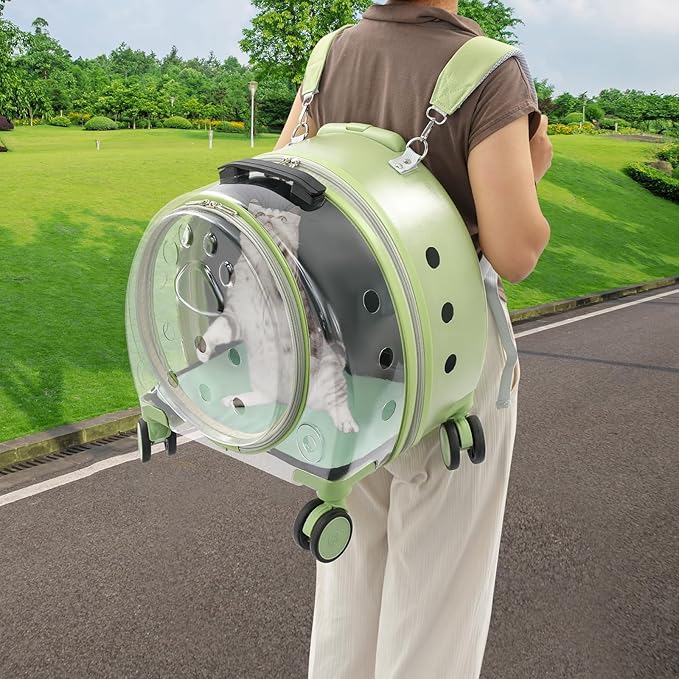Cat Backpack Carrier, Transparent & Breathable Cat Carrier with Wheels, Large Space Bubble Pet Backpack for Kitty Dog Bunny Up to 20lbs, Multiple Carrying Options, Perfect for Traveling/Taking a Walk