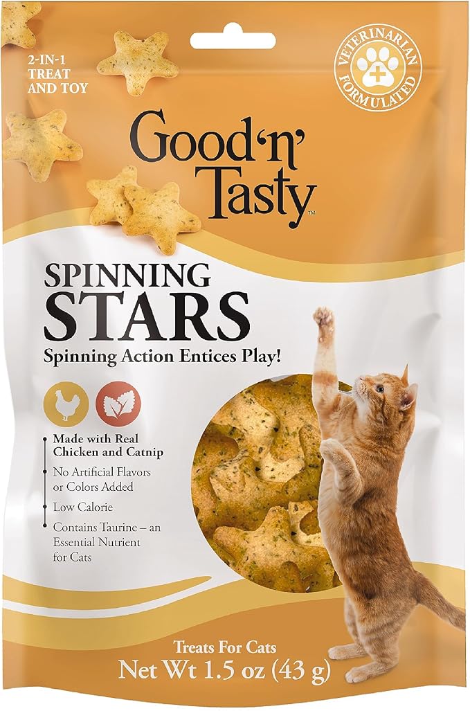 Good ‘n’ Tasty Spinning Stars Cat Treat, 1.5 Ounces, 2-in-1 Treat & Toy Made with Real Chicken, Chicken Liver & Catnip, Encourages Playfulness & Low Calorie