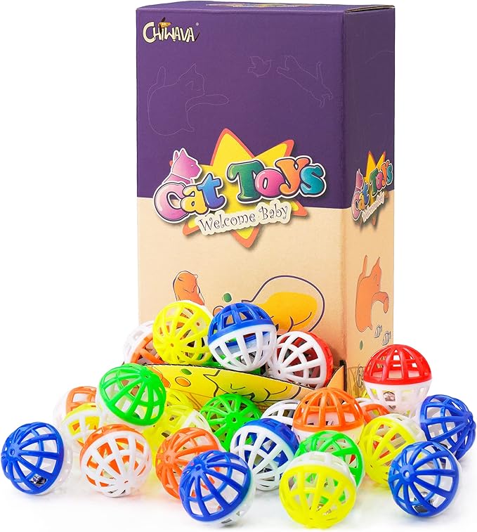 CHIWAVA 45PCS 1.6'' Cat Toy Ball with Bell Plastic Lattice Jingle Balls Kitten Chase Pounce Rattle Toy Assorted Color