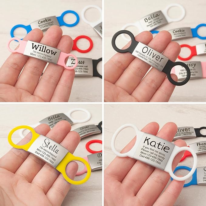 Anavia Slide On Silent Pet ID Tags Cat Dog Name Tags, Multi-Color Silicone Band Personalized Engraved Stainless Steel Tag, Customized Chew-Proof Quiet Dog Collar Tags (Medium, Pink)