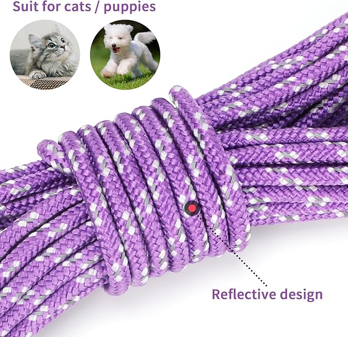 Rypet Reflective Cat Long Leash - 50 FT Escape Proof Walking Leads Yard Long Leash Durable Safe Personalized Extender Leash Traning Play Outdoor for Kitten, Puppy, Rabbit and Small Animals(Purple-L)