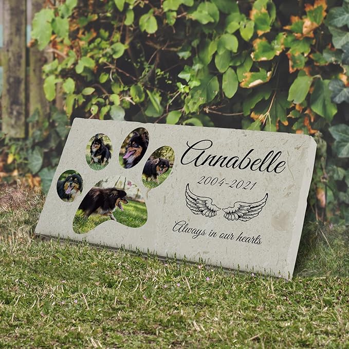Personalized Pet Memorial with Keepsake Photo on Limestone - Headstones, Garden Stones, and Grave Markers for Dogs - Dog Memorial Stone, Pet Memorial Gifts - 12”x 6”x1.25" D (C. Annabelle Design)