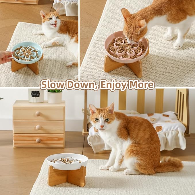 Elevated Slow Feeder Cat Bowl - Melamine Cat Dish with Anti-Slip Bamboo Stand - Whisker Friendly Feeding Bowl - Floral Maze Food Plate for Slow Eating - White
