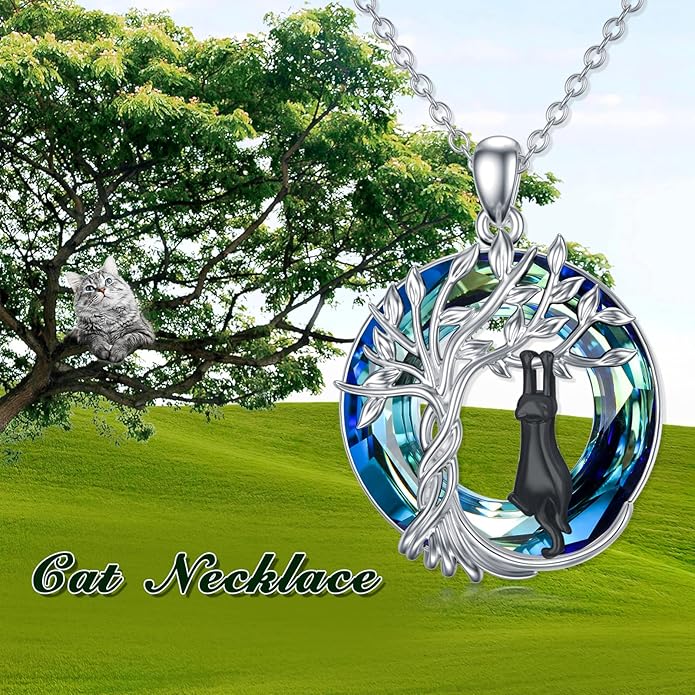 TOUPOP Cat Gifts for Cat Lovers Sterling Silver Cute Cats Tree of Life Pendant Necklace with Blue Circle Crystal Birthday Christmas Jewelry Gifts for Women