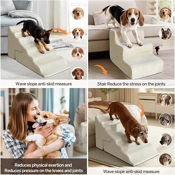 Pet Dog Stairs for Small Dogs, 2 in 1 Transformable 3-Step Pet Stairs and Wave Anti-Fall Slope for Short Legs and Long Legs Dog, for Couch (12-19 in) with Durable Non-Slip Waterproof Cover（Beige）
