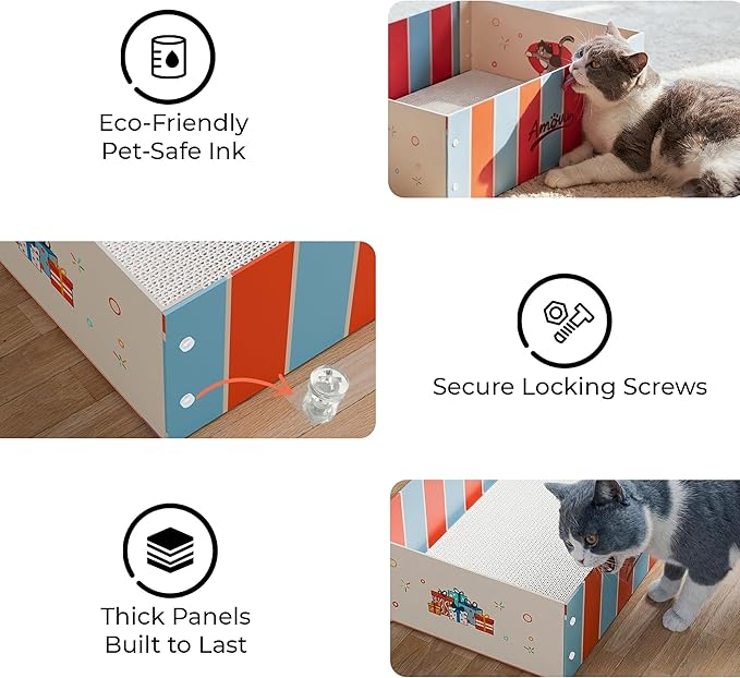 Cat Scratcher Box & Bed – Durable Grayboard Cat Lounge with White Wood-Pulp Scratch Pad, Easy Assembly & Dopamine Color Design for Indoor Cats