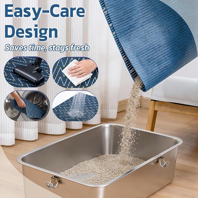 Extra Large Cat Litter Mat, 40x25 Inch Trimable & Soft Foam Pad, Leak-Proof & Non-Slip Bottom, Machine Washable, Scatter Control for Litter Box Area (Navy Chevron)