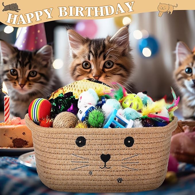 Zopeal 58 Pcs Valentine's Day Cat Storage Basket Gift Toys Set, Colorful Flashing Balls Pet Bell Crinkle Balls Spring Toys Attract Cat to Swat, Hunt, Interactive for Pet(Khaki,9.8 Inch)