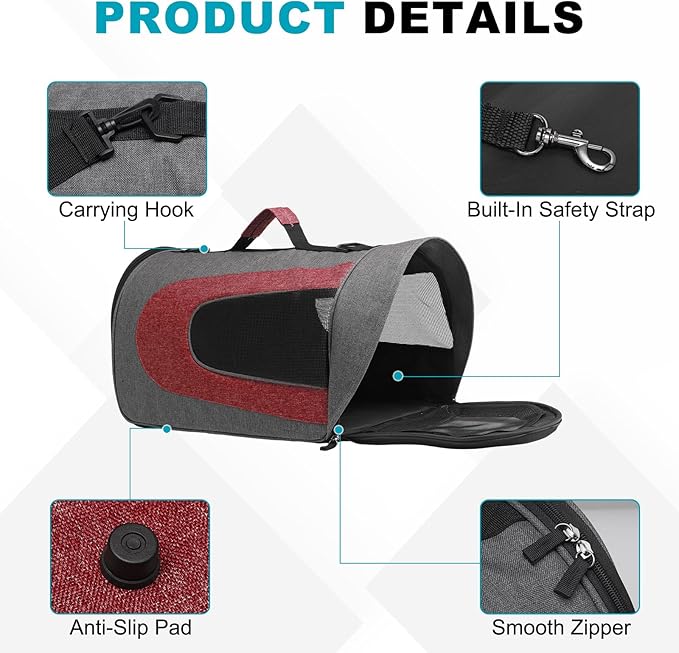 Cat Carrier, Ventilation Mesh, Travel Pet Carrier Breathable Small Dog Carrying Case Up to 16.5 lbs (Red), Intended for Hiking/Camping/Traveling, 14"x9"x9"