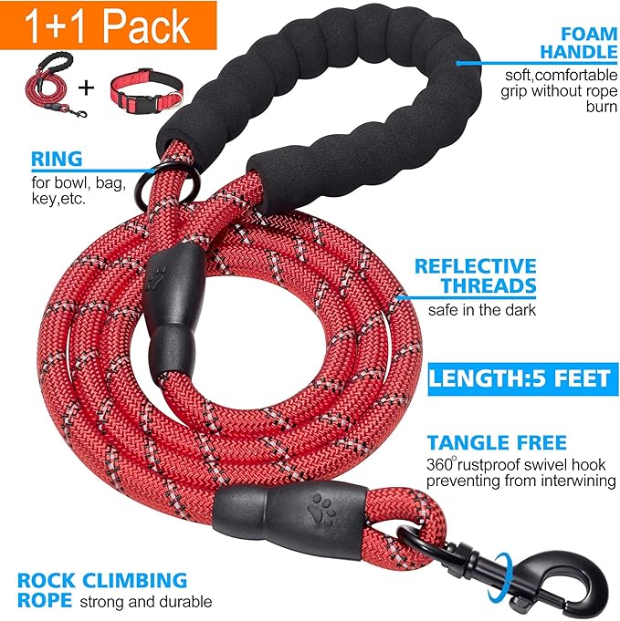 Reflective Dog Collar Padded with Soft Neoprene Breathable Adjustable Nylon Dog Collars for Small Medium Large Dogs (Large (Pack of 1), Red Collar+Leash)