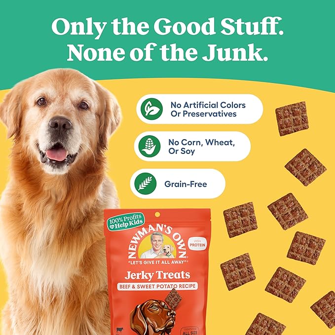 Newman's Own Beef & Sweet Potato Jerky Dog Treats, 5 oz Bag (Pack of 6) — High Protein, Grain Free, Grass-Fed as Beef First Ingredient, Chewy Wholesome Training Rewards