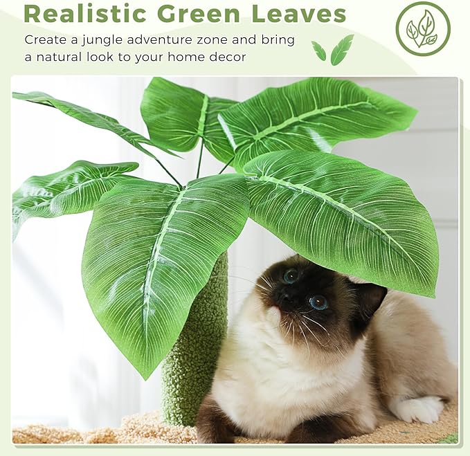 Green Cat Tree for Indoor Cats, 43" Small Cat Tower with Realistic Leaves, Scratching Posts, Dual Condos and Cozy Hammocks, Kitten Activity Center with Dangling Ball