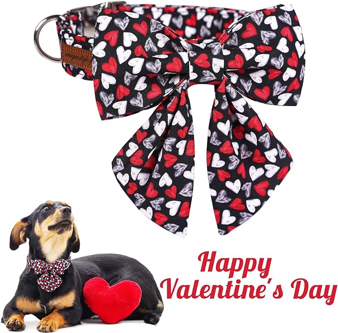Unique style paws Valentine's Day Dog Collar with Tie Black & Red Heart Puppy Collar Best Gothic Style Gift for Small Medium Large Boys Girls-L