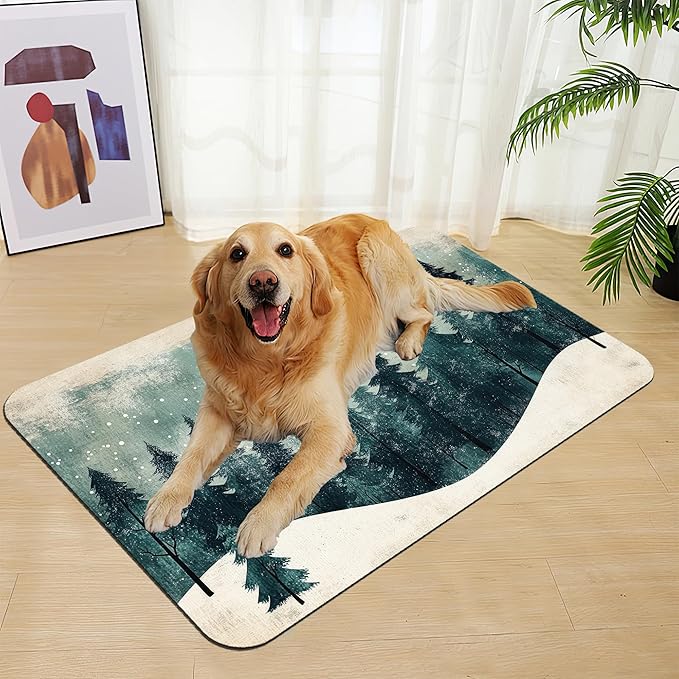 Mysty Winter Fores Pet Feeding Mat–Christmas Stocking Quick Dry Absorbent Dog Cat Food Mat, Non Slip Waterproof Bowl Placemat for Messy Eaters, Pet Accessories for Floors 12"x20"