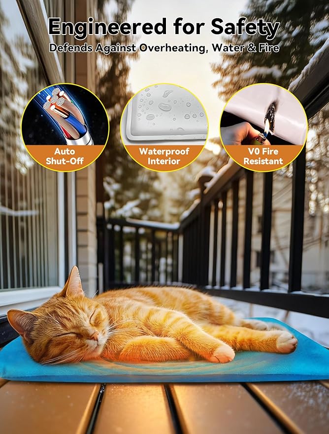 Outdoor Pet Heating Pad for Dog & Cat, Multi-Size Waterproof Heated Cat Dog Bed for Outside, Pet Heater Warmer Mat Blanket with Chew Resistant Cord for Senior Dog Cat House Whelping Box,Blue,16" x 20"