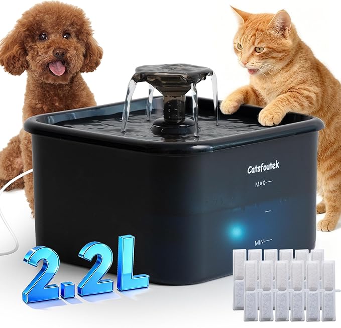 Cat Water Fountain, 74oz/2.2L Catsfoutek Pet Water Fountains for Cats Indoor, 12 Set of Filters Cat Drinking Fountain with Ultra Quiet Pump- for Pets and Small Animals, Black