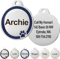 GoTags Stainless Steel Pet ID Bone Round and Heart Shaped Tags with Enamel Paw Design, Personalized Dog and Cat Tags, up to 5 Lines of Custom Text, Engraved on Both Sides (Navy Blue, Small Round)