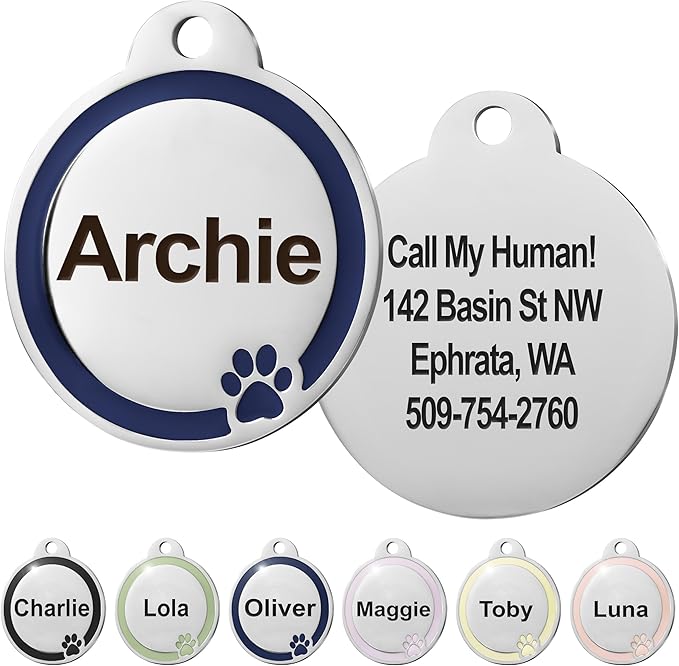 GoTags Stainless Steel Pet ID Bone Round and Heart Shaped Tags with Enamel Paw Design, Personalized Dog and Cat Tags, up to 5 Lines of Custom Text, Engraved on Both Sides (Navy Blue, Small Round)