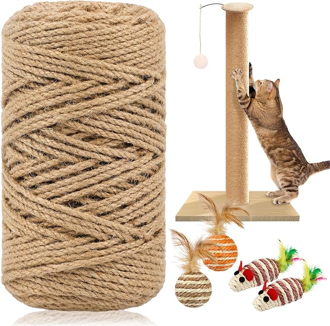 262 ft Sisal Rope for Cat Scratcher, 4mm Thick Rope for Cat Scratch Post, Twine for Cat Scratching Post Replacements, DIY Hemp Twine Rope with 4 Random Colors Mouse Ornaments