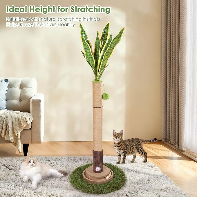 Cat Scratching Post, 35 Inch Tall Cat Scratcher Cat Tree Tower with Hanging Ball for Indoor Cats Adults,Snake Plant Sisal Rope Kitten Scratch with Interactive Mouse Cat Toy