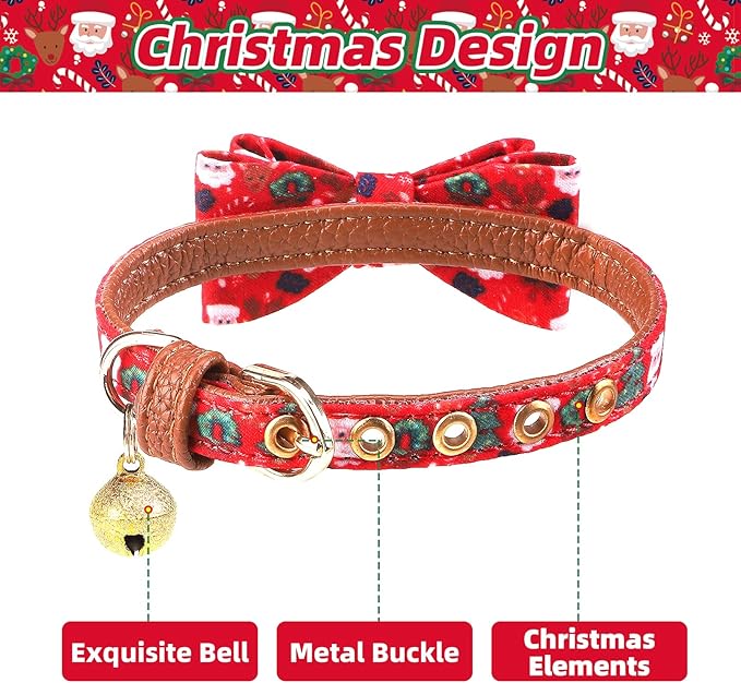PUPTECK Puppy Collar with Bell XXS Dog Collar Charm Adjustable Bowtie Soft Leather for Cats Kittens Extra Small Dogs 2 Packs