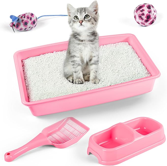 PAWISE Small Cat Litter Box Kit for Kittens – 5‑Piece Kit with Low Entry Litter Pan, Scooper, Feeding Bowls & Mouse Toy – Cat Starter Set for New Kitty Home, Pink