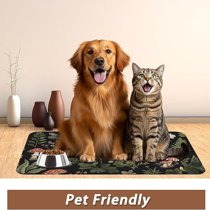 Red Mushroom Pet Feeding Mat,Fern Herb Butterfly Absorbent Quick-Dry Cat Dog Food and Water Bowl Mats,Non-Slip Rubber Backing Mat,Cat Dog Accessories Supplies 16"x24"