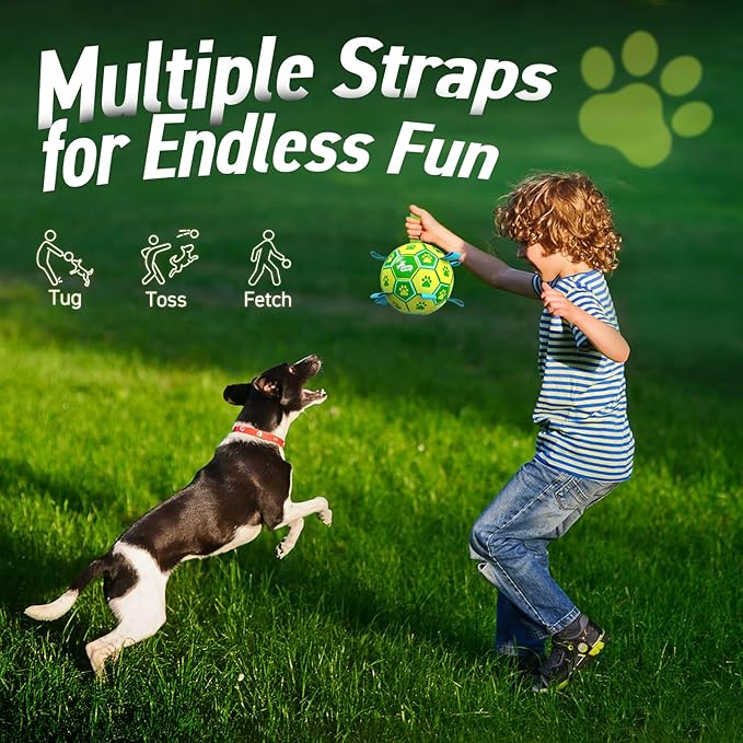 QDAN Dog Toys Soccer Ball - Durable Dog Balls with Strap for Medium Small Dogs, Puppy Birthday Gifts, Dog Tug Toy for Tug of War (8 Inch)