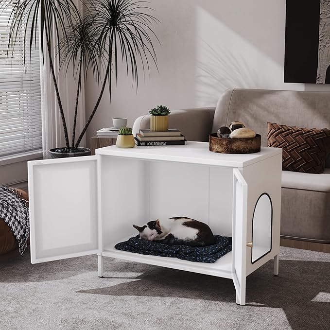 METAN Metal Cat Litter Box Enclosure,Steel Cat Washroom Furniture with Barn Door, Pet House, Fit Most of Litter Box,Assembly Required,White