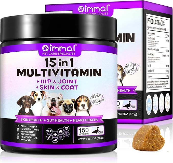15 in 1 Dog Vitamins Supplements -150PCS-Multifunctional Supplements for Dogs-Glucosamine Chondroitin for Joint Support with Probiotics for Gut & Immune Health and Skin & Heart Health