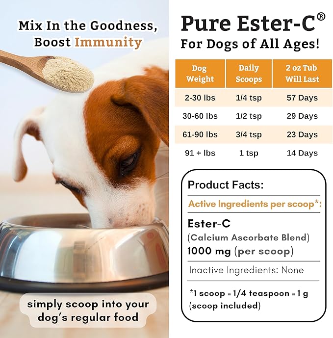 Wholistic Pet Organics Ester-C Powder for Dogs & Cats - Cat & Dog Allergy & Itch Relief - Vitamin C Immune Support Supplement - Itchy Skin Support for Seasonal Dog Allergy Relief - 2 oz - 57 Scoops
