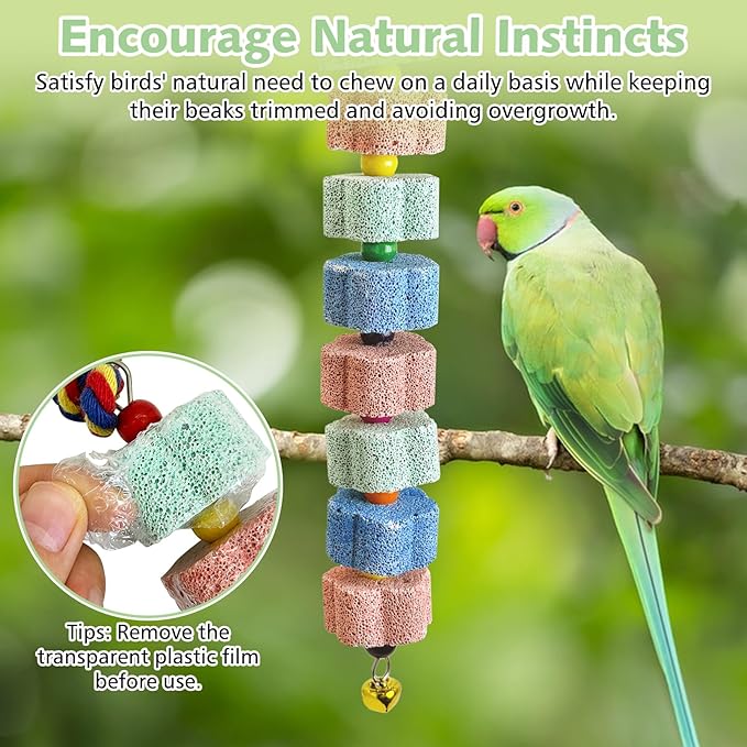 3 Pack Bird Chewing Toy,Lava Calcium Bird Beak Grinding Stone with Bell Hanging Parakeet Cage Accessories for Parrot Budgies Hamster Chinchilla Rabbit African Grey