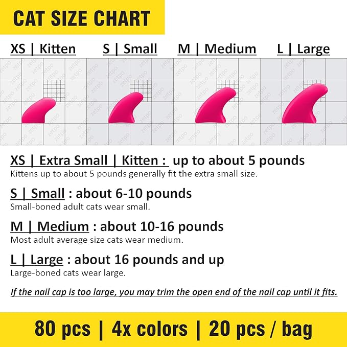 zetpo 80 pcs Cat Claw Covers | Cat Nail Caps | with Adhesives and Applicators (S, Black, Silver, Silver Glitter, White)