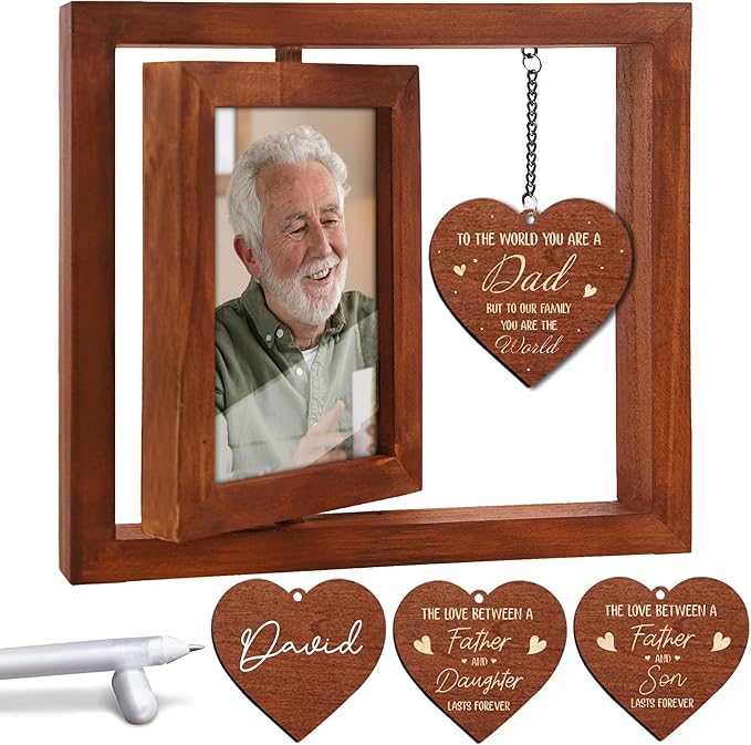 Rotating Picture Frame Father's Day Gift, Frame Fits 4x6 Photo for Dad, To the World You Are a Dad Wooden Keepsake Idea Father Stepdad Birthday Gift from Daughter Son Tabletop Decor HR-DAD-WAL