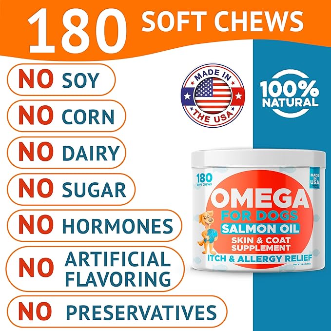 Omega 3 Fish Oil for Dogs (360Ct Peanut) - Skin&Coat Chews - Dry & Itchy Skin Relief + Allergy Support - Shiny Coat - EPA&DHA Fatty Acids - Salmon Oil Chews Promotes Heart Support
