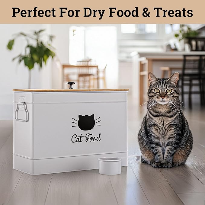 Cat Food Storage Container with Scoop - 15 lb (50 Cup) Capacity Metal Cat Food Container with Airtight Bamboo Lid & Metal Scoop - Airtight Pet Food Storage Containers - 15 lb Treats & Kibble Container