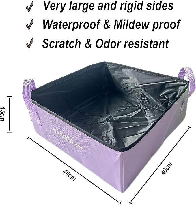 Portable Cat Litter Box, Firm Waterproof Foldable for Travelling for Cats, Including Crinkle Ball, Poop Bags, Foldable Bowl and Scoop, 15.8x15.8x5.9 inches (Light Purple)