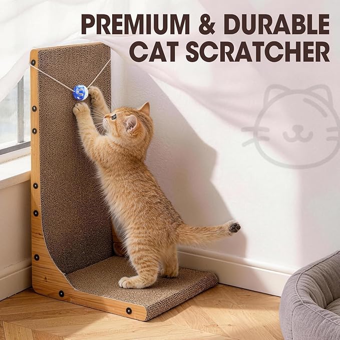Cat Scratcher, 23.6 Inch L Shape Vertical Cat Scratching Board with Ball Toy for Indoor Cats, Large Cat Scratching Post for Wall and Couch